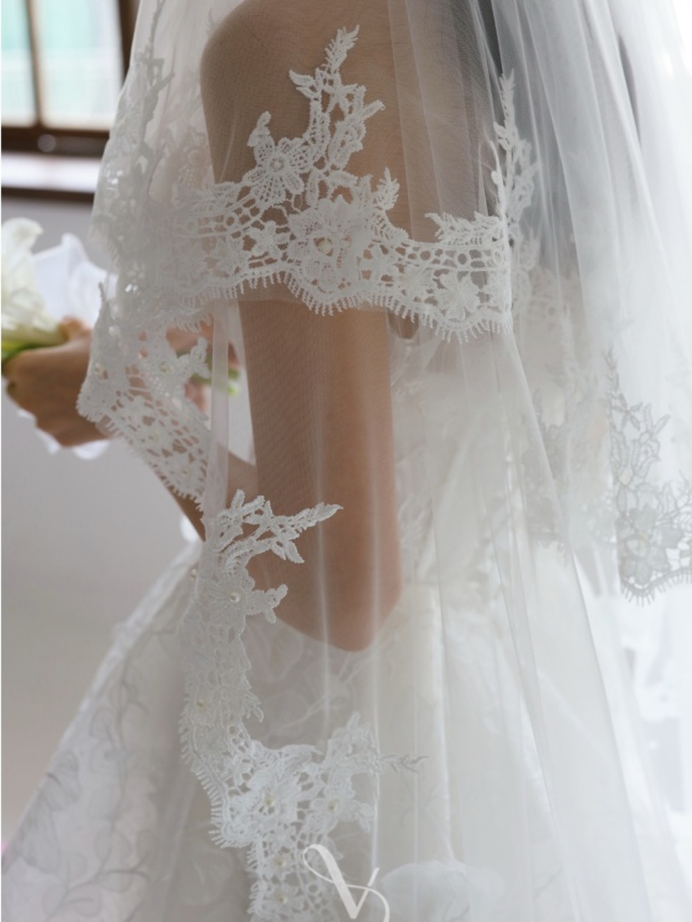 NEW 2-layer lace veil with pearls